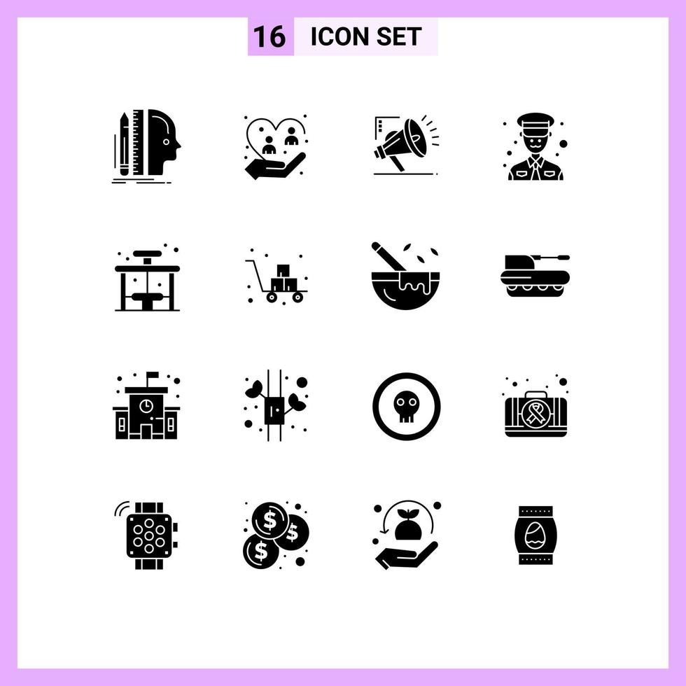 Group of 16 Modern Solid Glyphs Set for city military people man marketing atoumation Editable Vector Design Elements