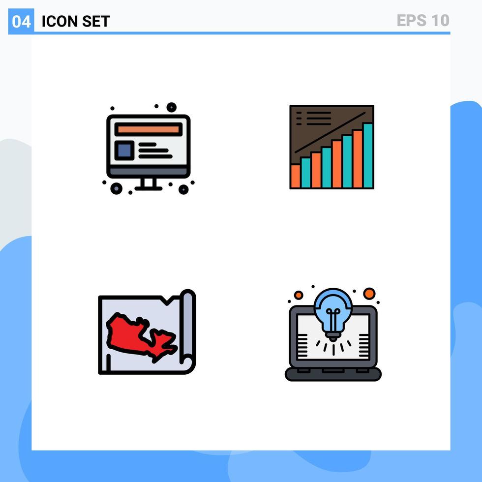 Modern Set of 4 Filledline Flat Colors Pictograph of computer map webpage analytics canada Editable Vector Design Elements