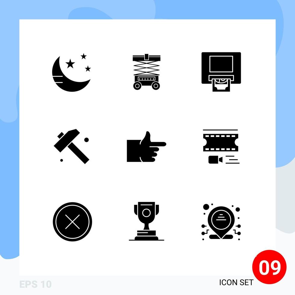 Group of 9 Modern Solid Glyphs Set for animation thumbs up atm like hammer Editable Vector Design Elements