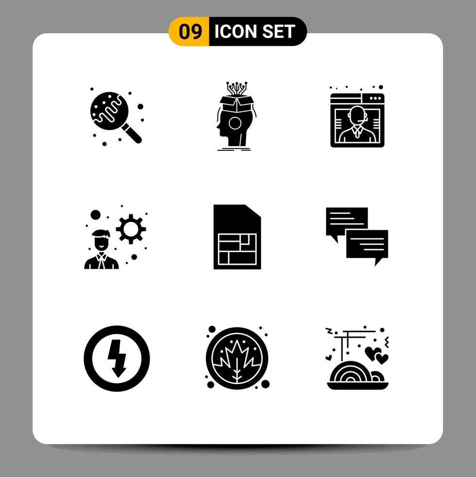 Mobile Interface Solid Glyph Set of 9 Pictograms of sim startup head development support Editable Vector Design Elements