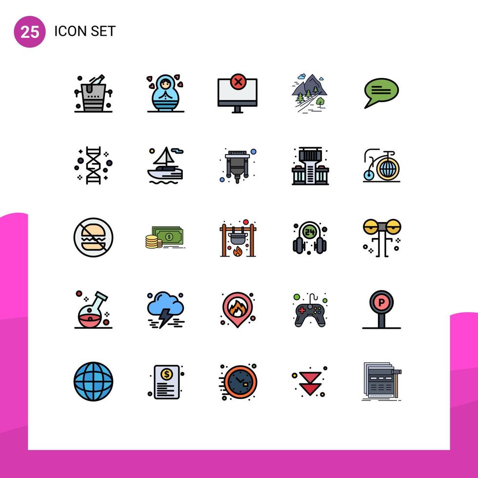25 Universal Filled line Flat Colors Set for Web and Mobile Applications chat mountain devices hill rocks Editable Vector Design Elements