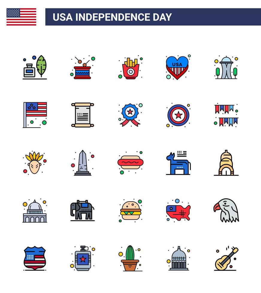 Pack of 25 USA Independence Day Celebration Flat Filled Lines Signs and 4th July Symbols such as building love independence heart chips Editable USA Day Vector Design Elements