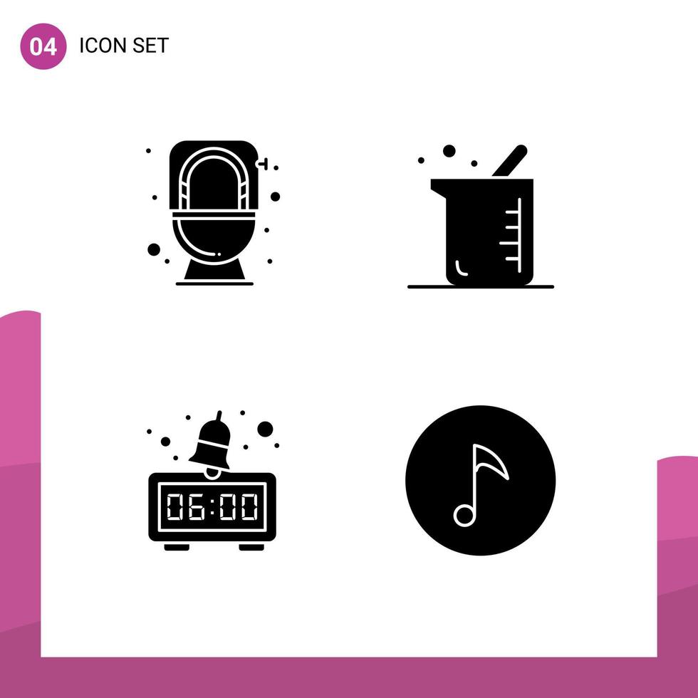 Mobile Interface Solid Glyph Set of 4 Pictograms of bathroom clock toilet biology key Editable Vector Design Elements