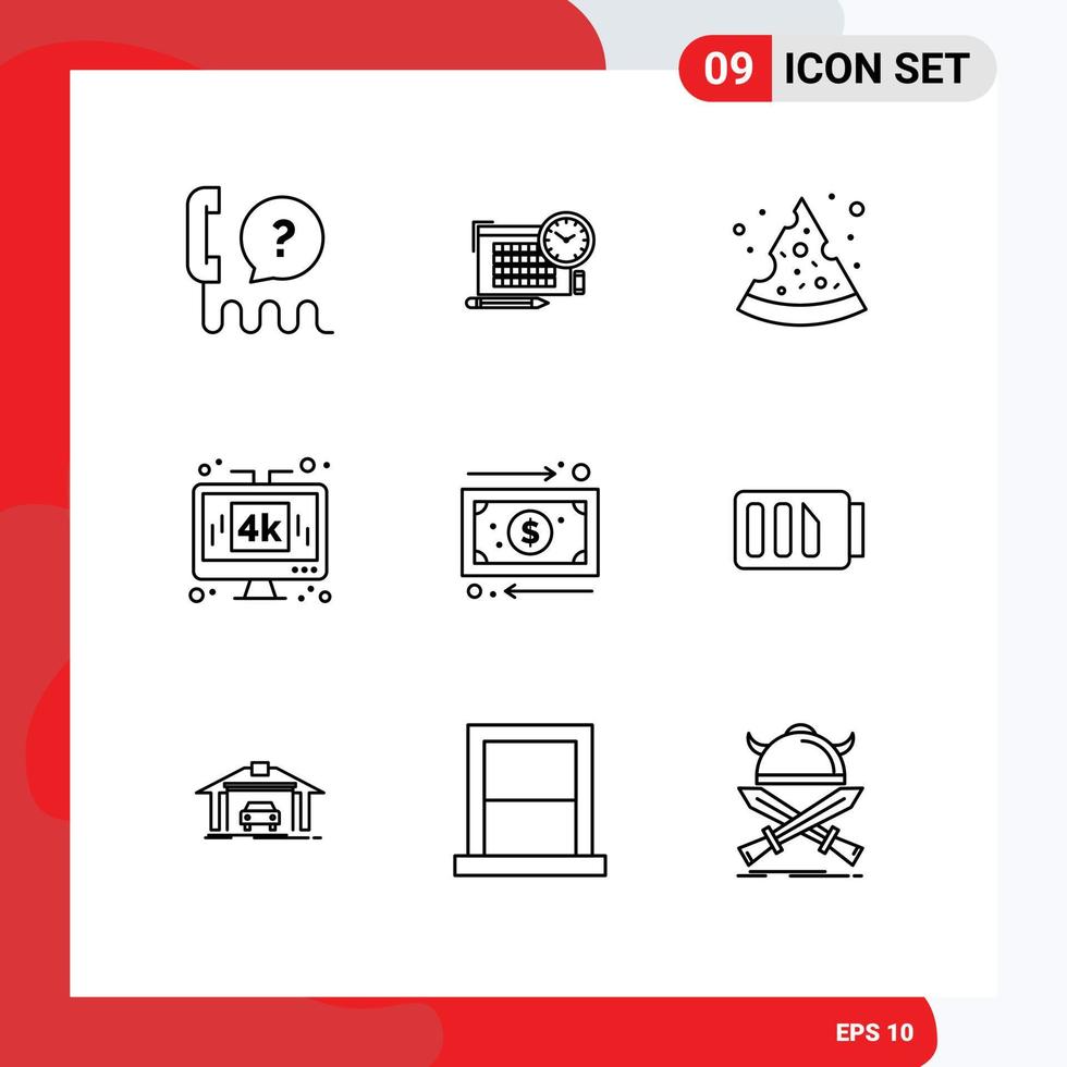 Pack of 9 Modern Outlines Signs and Symbols for Web Print Media such as business technology focus media computer Editable Vector Design Elements