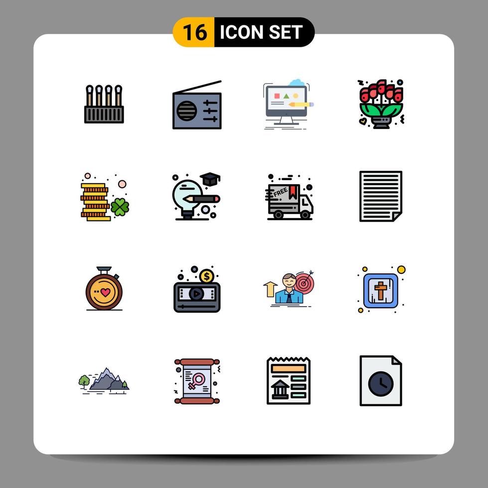 Universal Icon Symbols Group of 16 Modern Flat Color Filled Lines of coin gift computer love bouquet Editable Creative Vector Design Elements