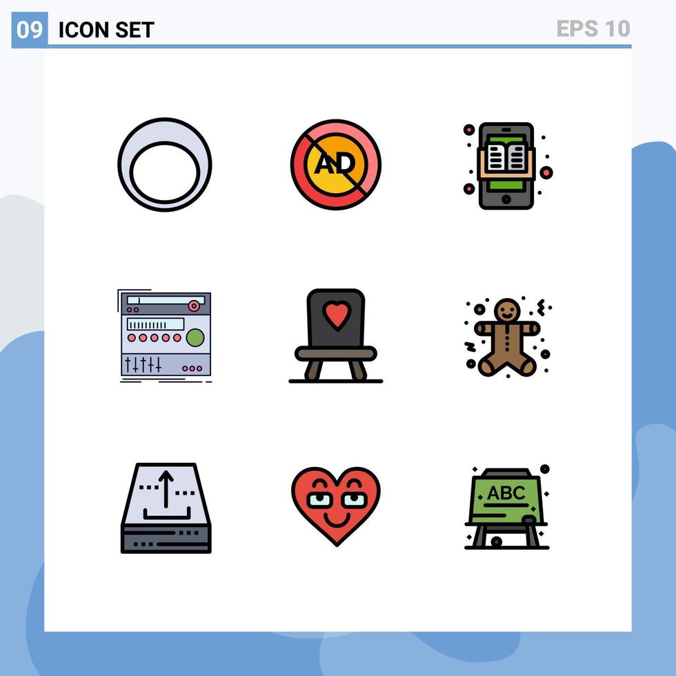 grupo de 9 signos y símbolos de colores planos de línea rellena para elementos de diseño de vectores editables y componentes de sonido