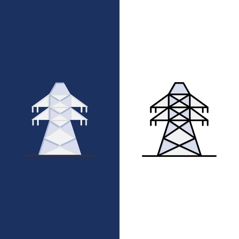 Electrical Energy Transmission Transmission Tower  Icons Flat and Line Filled Icon Set Vector Blue Background