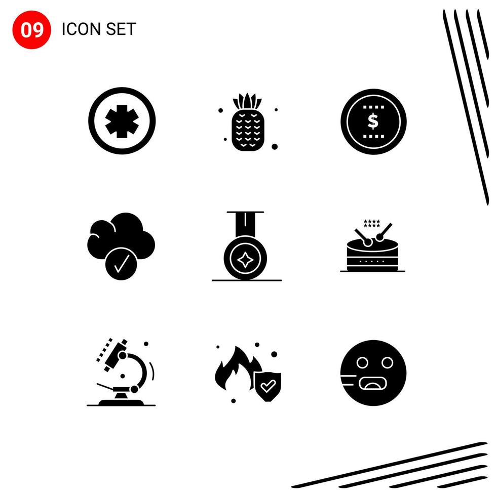 9 Universal Solid Glyphs Set for Web and Mobile Applications instrument sport coin medal complete Editable Vector Design Elements