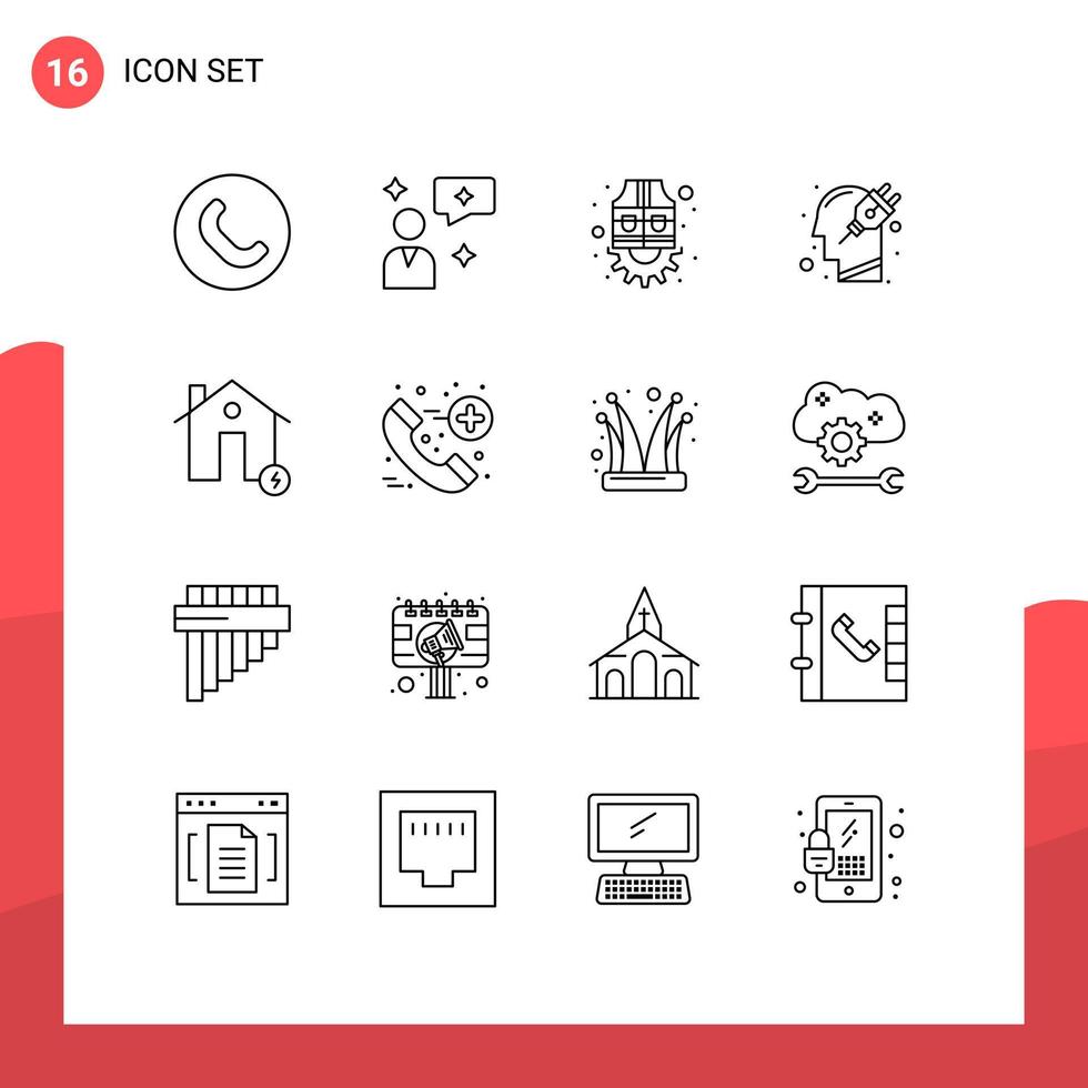 Mobile Interface Outline Set of 16 Pictograms of charge battery labour plugin mind Editable Vector Design Elements