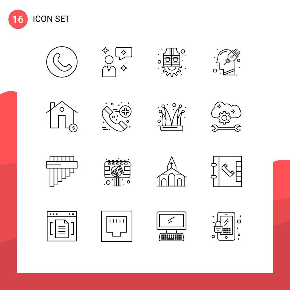 conjunto de esquema de interfaz móvil de 16 pictogramas de batería de carga complemento de trabajo mente elementos de diseño vectorial editables vector