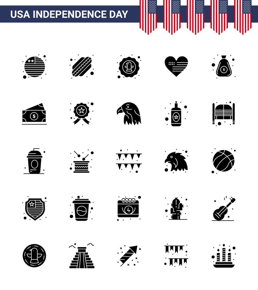 conjunto de 25 iconos del día de estados unidos símbolos americanos signos del día de la independencia para la celebración del dólar de la bolsa bandera amor elementos de diseño vectorial del día de estados unidos editables vector