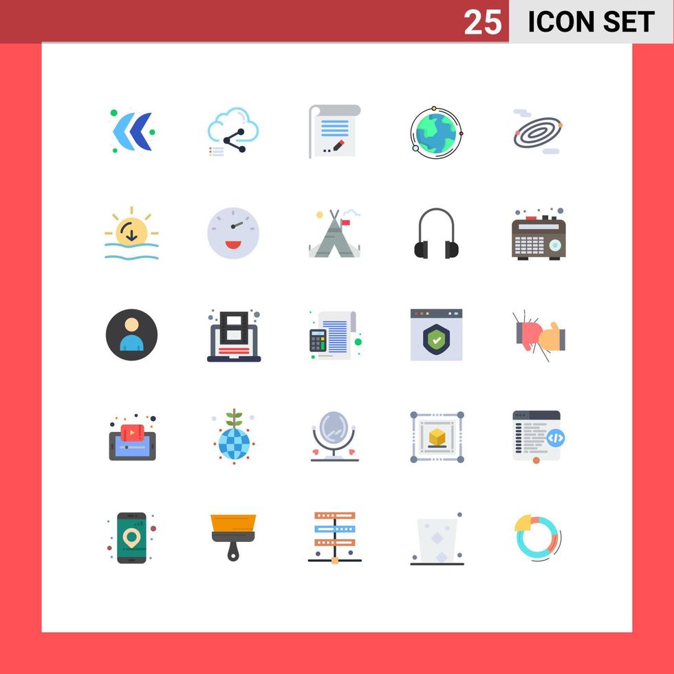 paquete de 25 signos y símbolos de colores planos modernos para medios de impresión web, como elementos de diseño de vectores editables de cuaderno de globo de documento mundial de descubrimiento