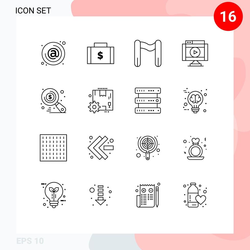 Pack of 16 creative Outlines of video multimedia money movie start Editable Vector Design Elements