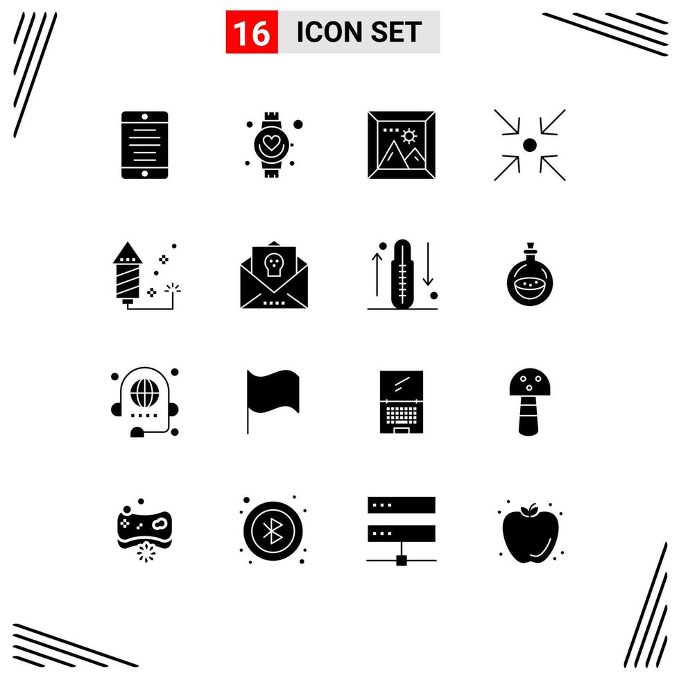 Modern Set of 16 Solid Glyphs and symbols such as fireworks celebration gallery expand arrow Editable Vector Design Elements
