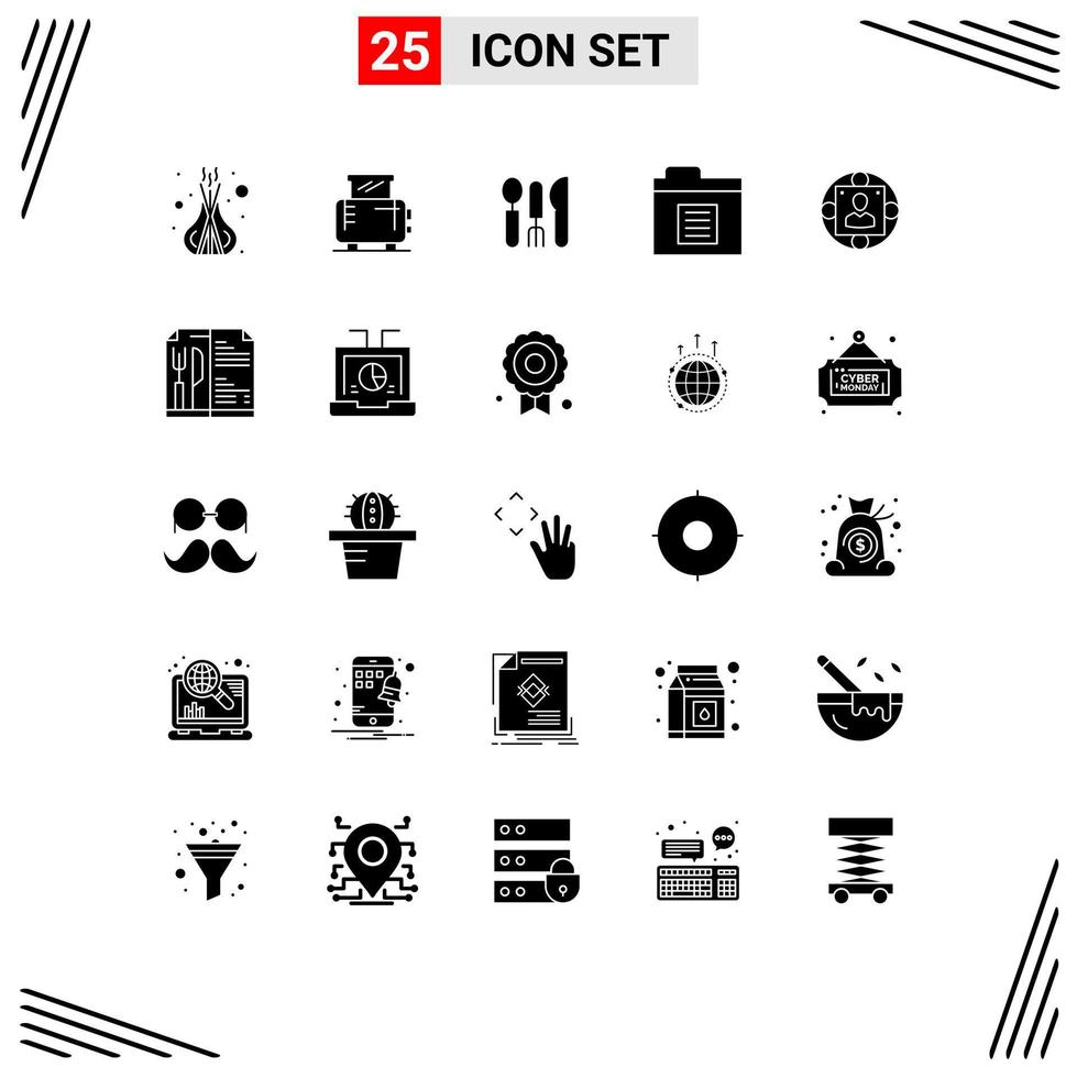 Group of 25 Solid Glyphs Signs and Symbols for manager manager cutlery folder document Editable Vector Design Elements