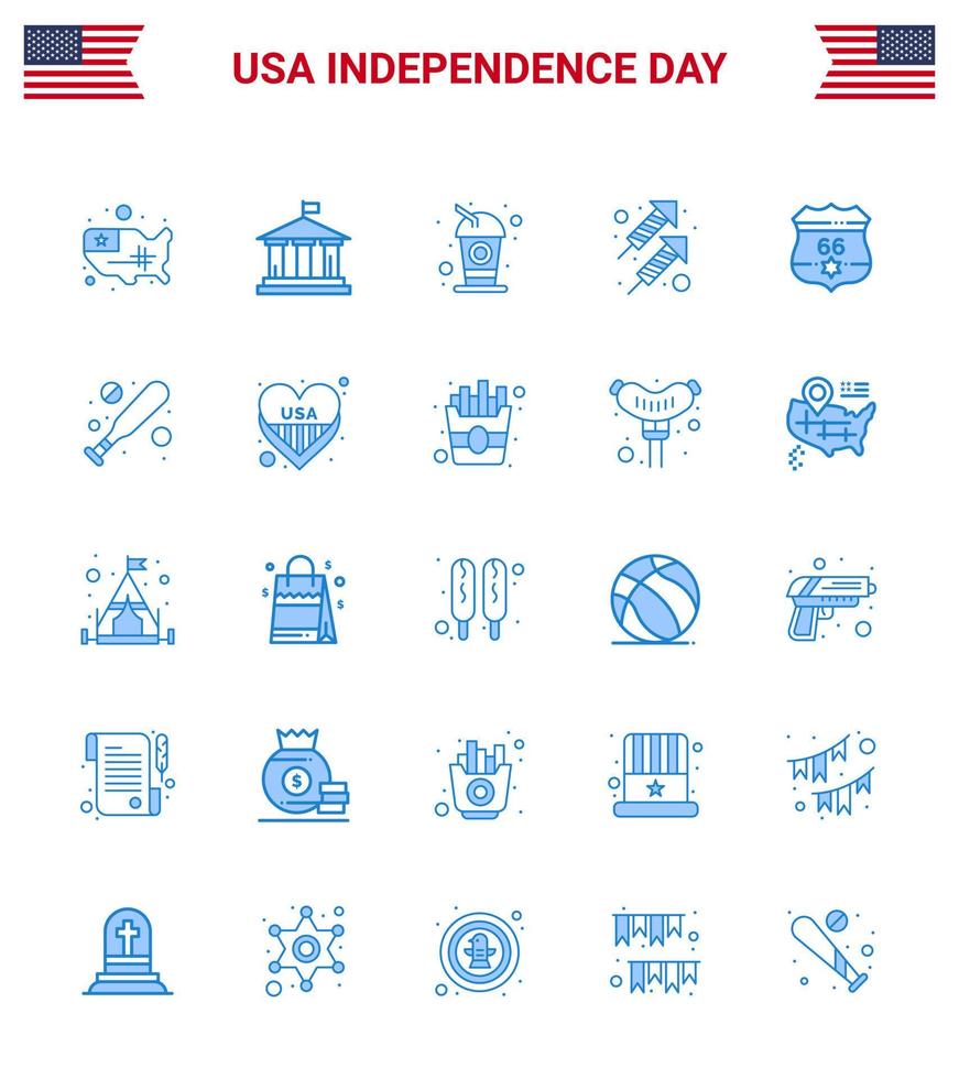 Editable Vector Blue Pack of USA Day 25 Simple Blues of shield shoot bottle firework celebration Editable USA Day Vector Design Elements