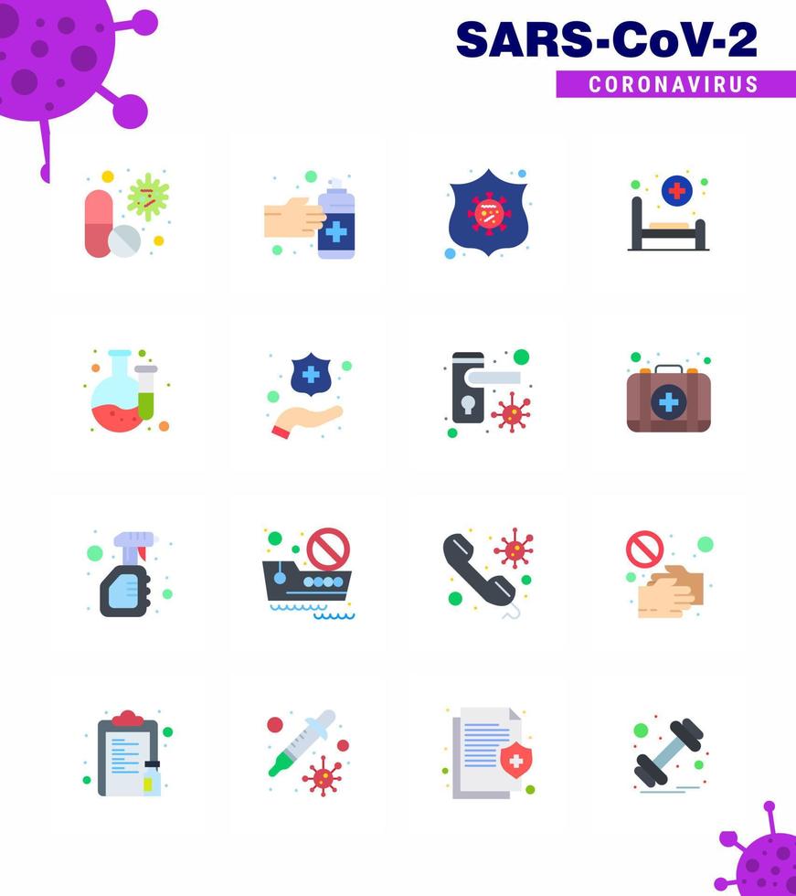 16 Flat Color Coronavirus Covid19 Icon pack such as care hospital medication bed shield viral coronavirus 2019nov disease Vector Design Elements