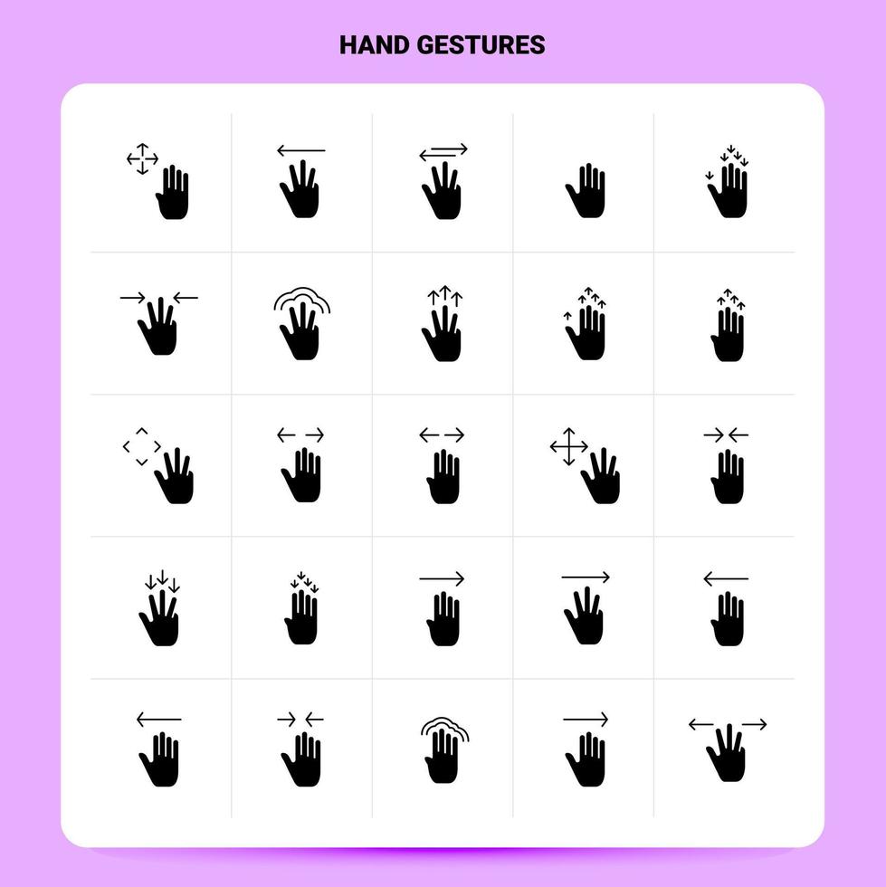 Solid 25 Hand Gestures Icon set. Vector Glyph Style Design Black Icons Set. Web and Mobile Business ideas design Vector Illustration.