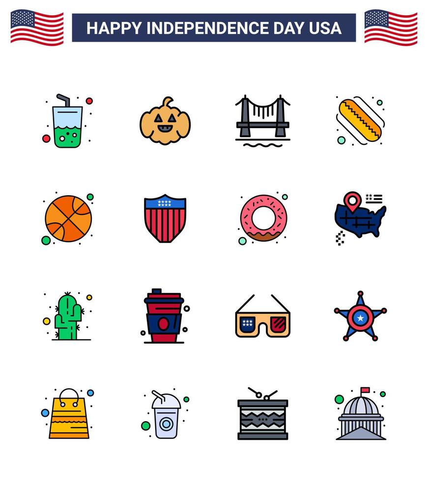 Happy Independence Day 4th July Set of 16 Flat Filled Lines American Pictograph of day ball building basketball hotdog Editable USA Day Vector Design Elements