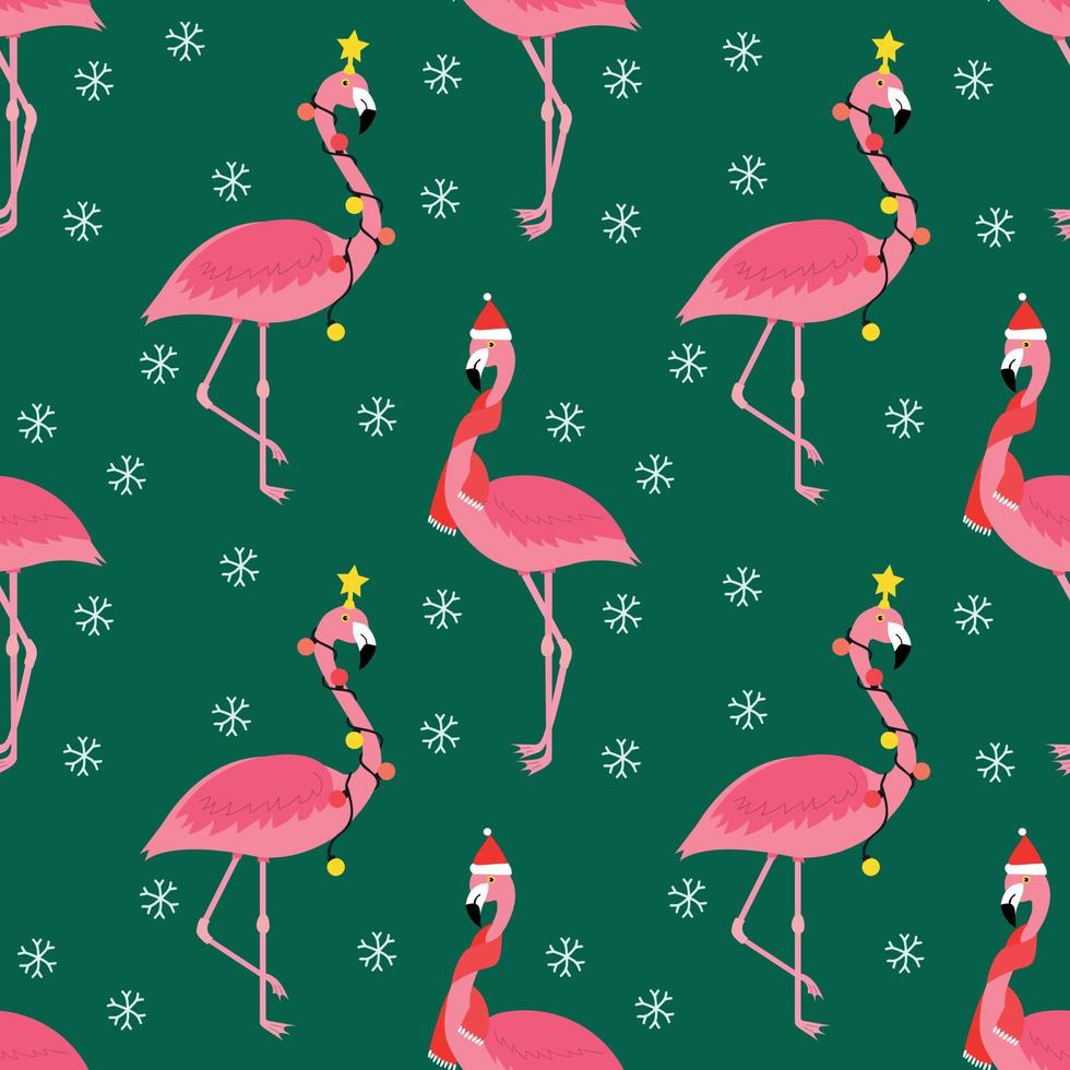 Bright Flamingo New Year and Christmas Seamless Pattern Background. vector