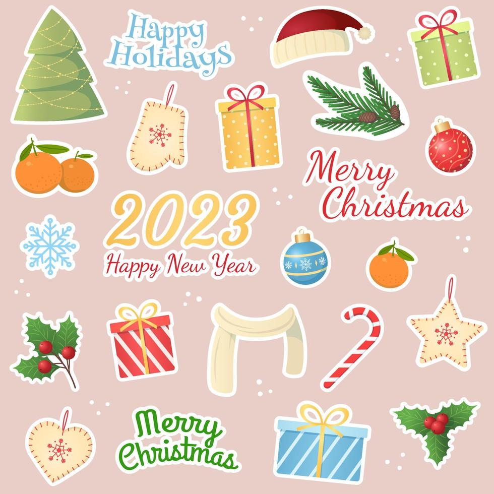 New Year stickers set 2023. Vector collection holiday stickers for Christmas and New Year.