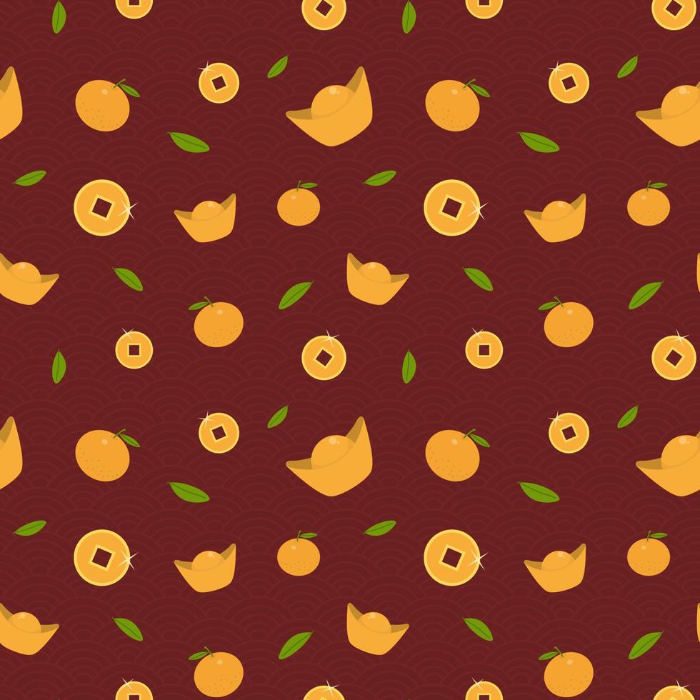New Year Chinese pattern with tangerines, money and gold. Bright holiday seamless pattern for cards, posters, wrapping paper, fabric. Vector. vector