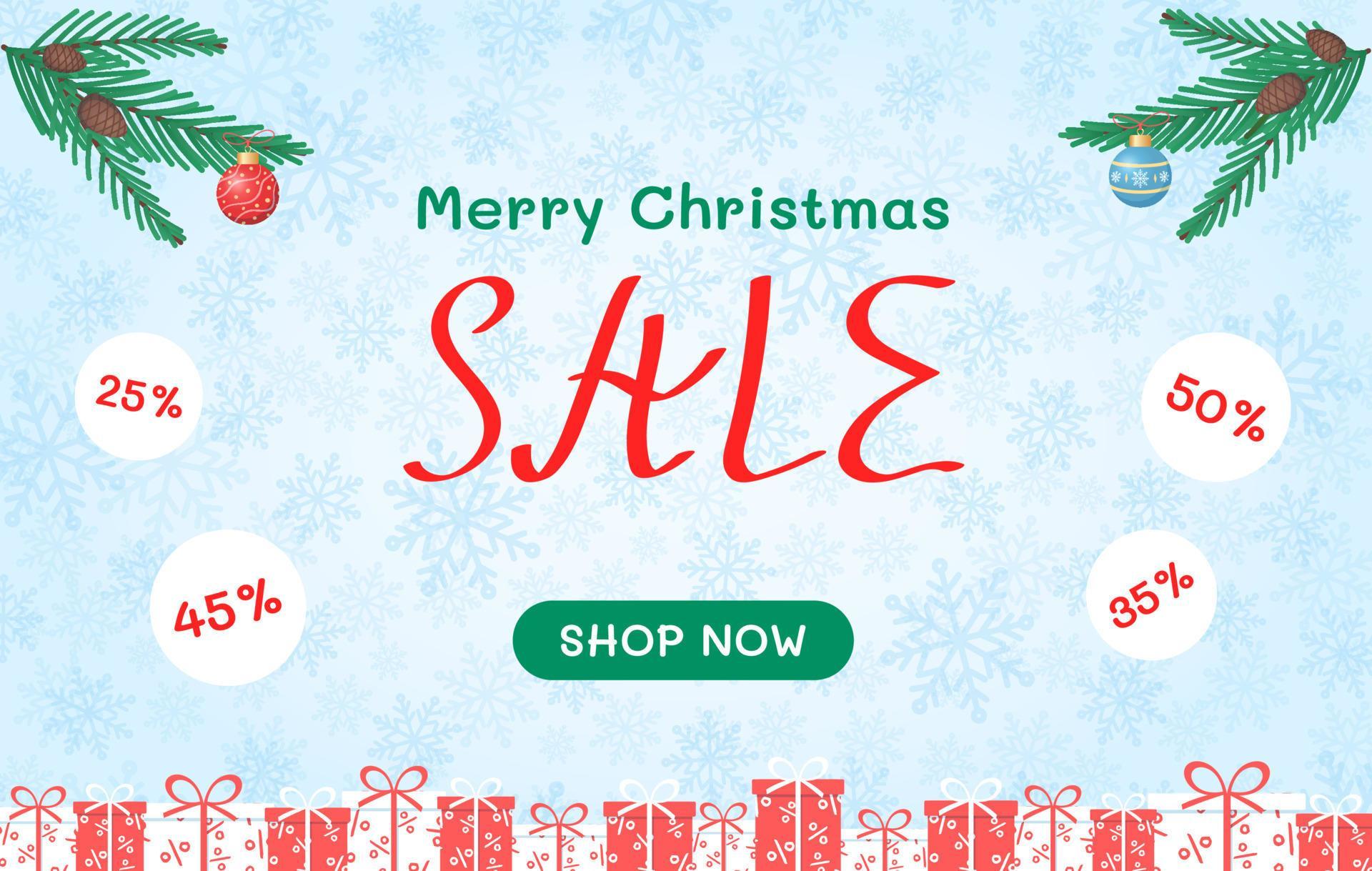 Merry Christmas sale 2023. Banner with gifts boxes, fir branches, winter background for shop