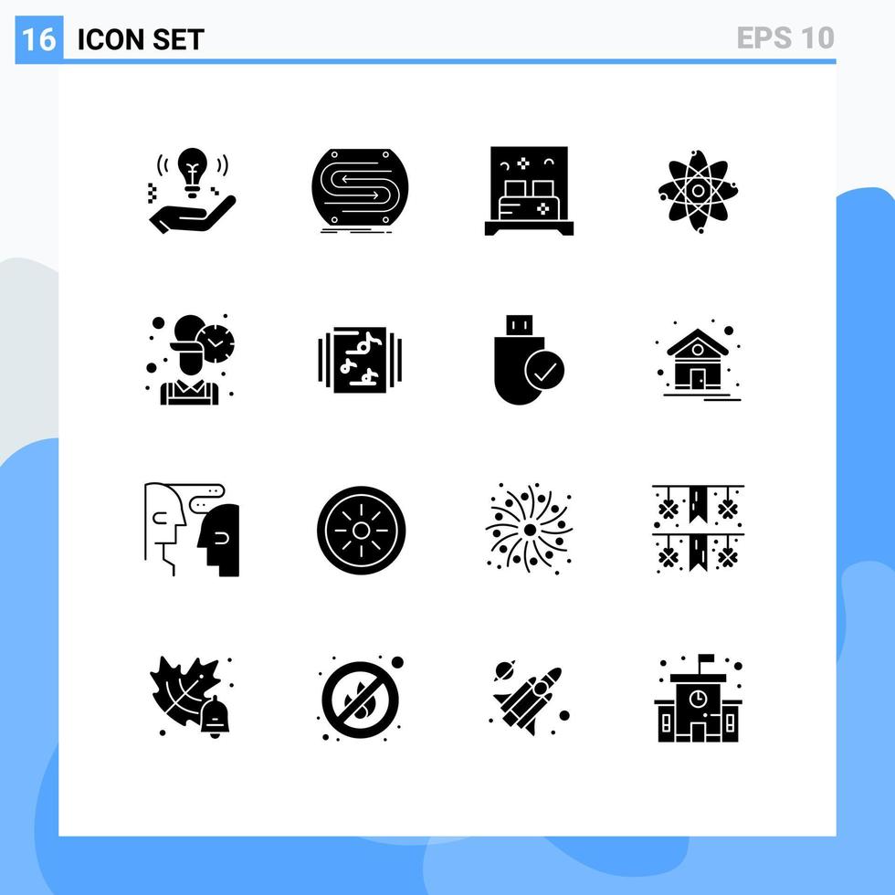 Universal Icon Symbols Group of 16 Modern Solid Glyphs of employee molecule pitch chemistry sleep Editable Vector Design Elements