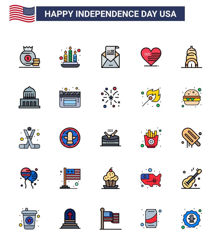 USA Independence Day Flat Filled Line Set of 25 USA Pictograms of building flag envelope american heart Editable USA Day Vector Design Elements