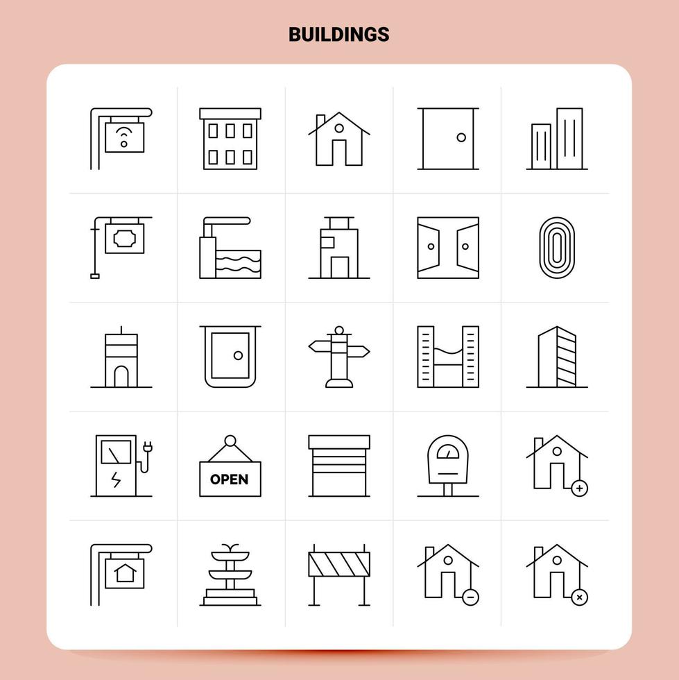 OutLine 25 Buildings Icon set Vector Line Style Design Black Icons Set Linear pictogram pack Web and Mobile Business ideas design Vector Illustration