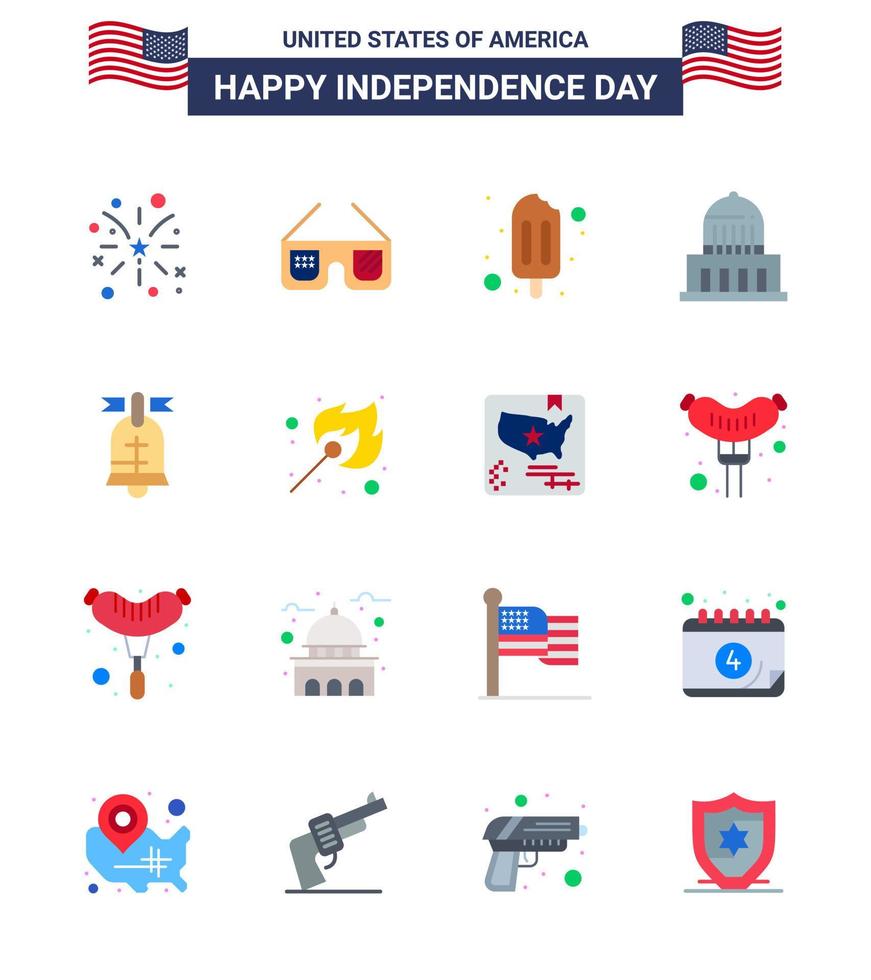 Group of 16 Flats Set for Independence day of United States of America such as american ball ice cream usa city Editable USA Day Vector Design Elements