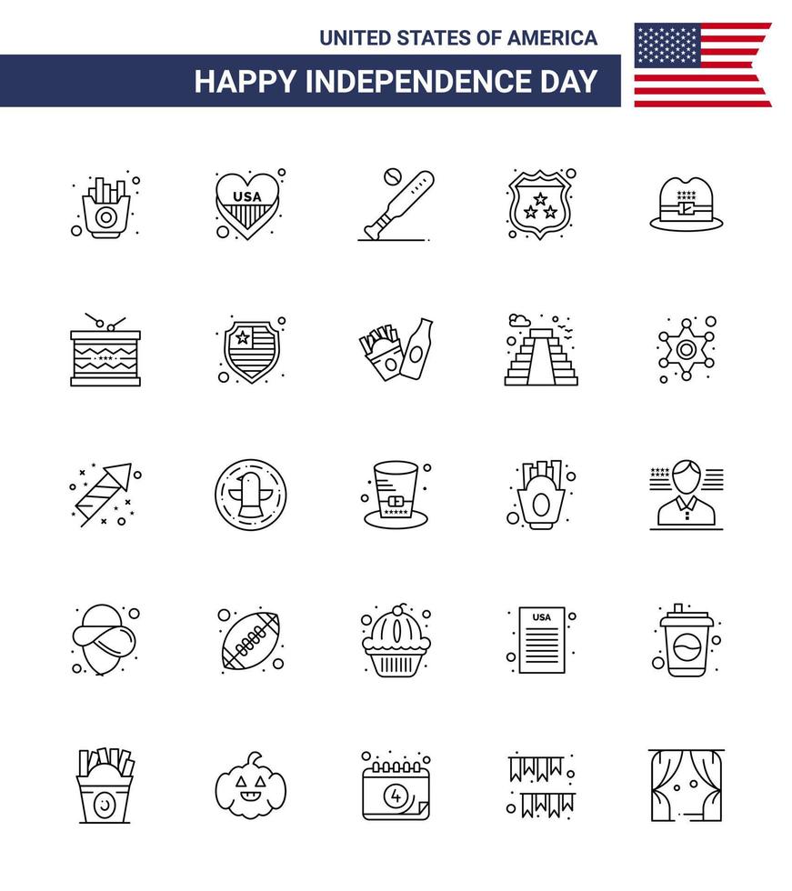 Group of 25 Lines Set for Independence day of United States of America such as hat shield ball security usa Editable USA Day Vector Design Elements