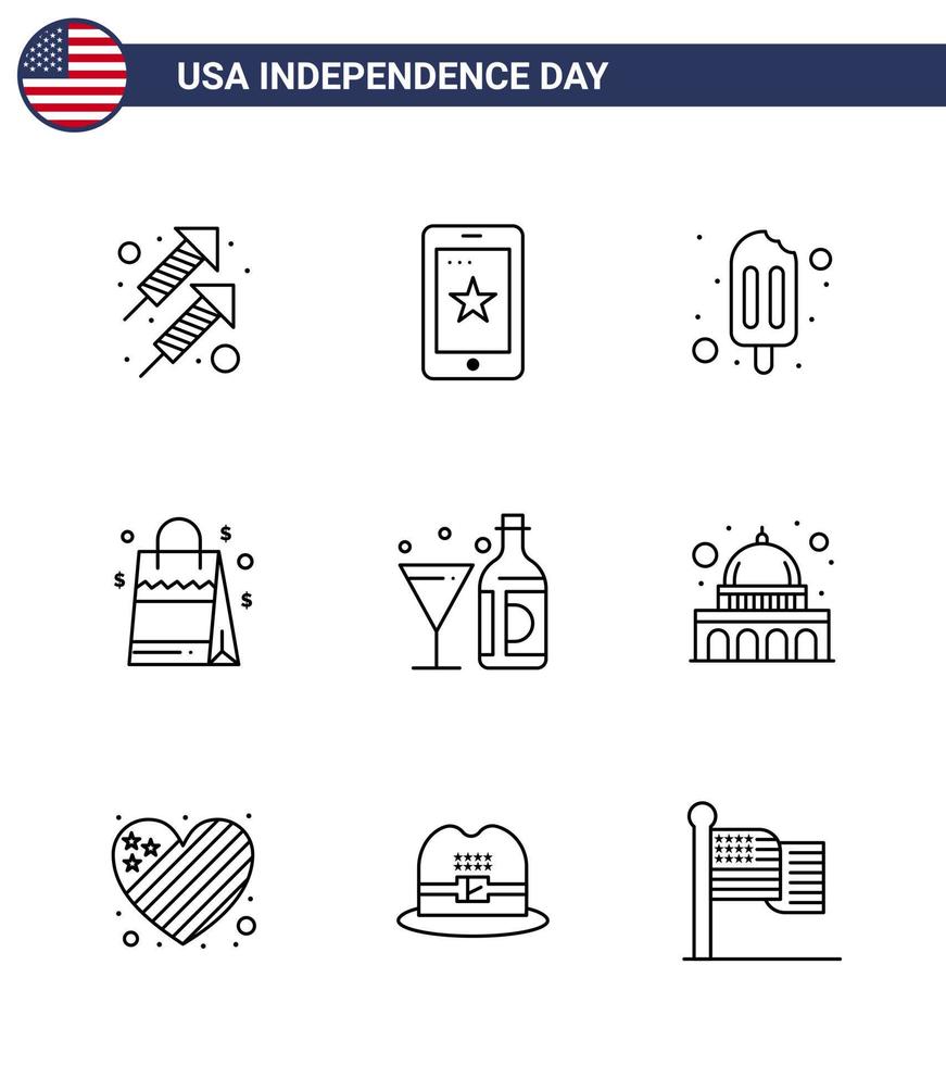 Big Pack of 9 USA Happy Independence Day USA Vector Lines and Editable Symbols of american drink ice cream american handbag Editable USA Day Vector Design Elements