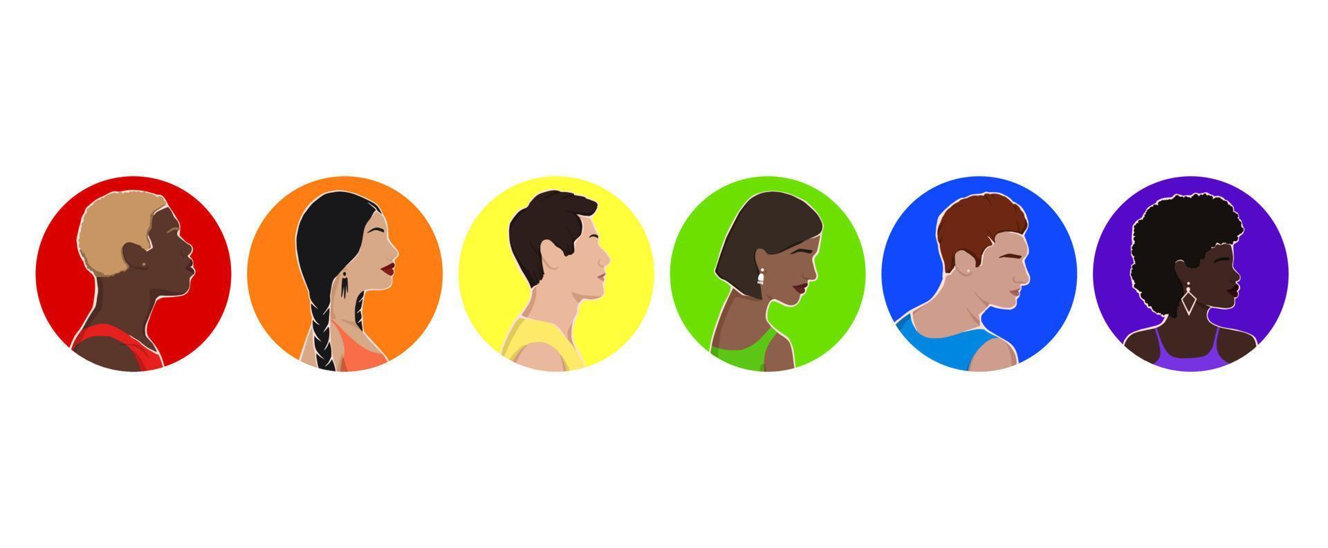 conjunto de iconos con personas de diferentes grupos étnicos en puntos de arco iris. comunidad lgbt. derechos humanos. lgbtq. ilustración plana, mes del orgullo. vector