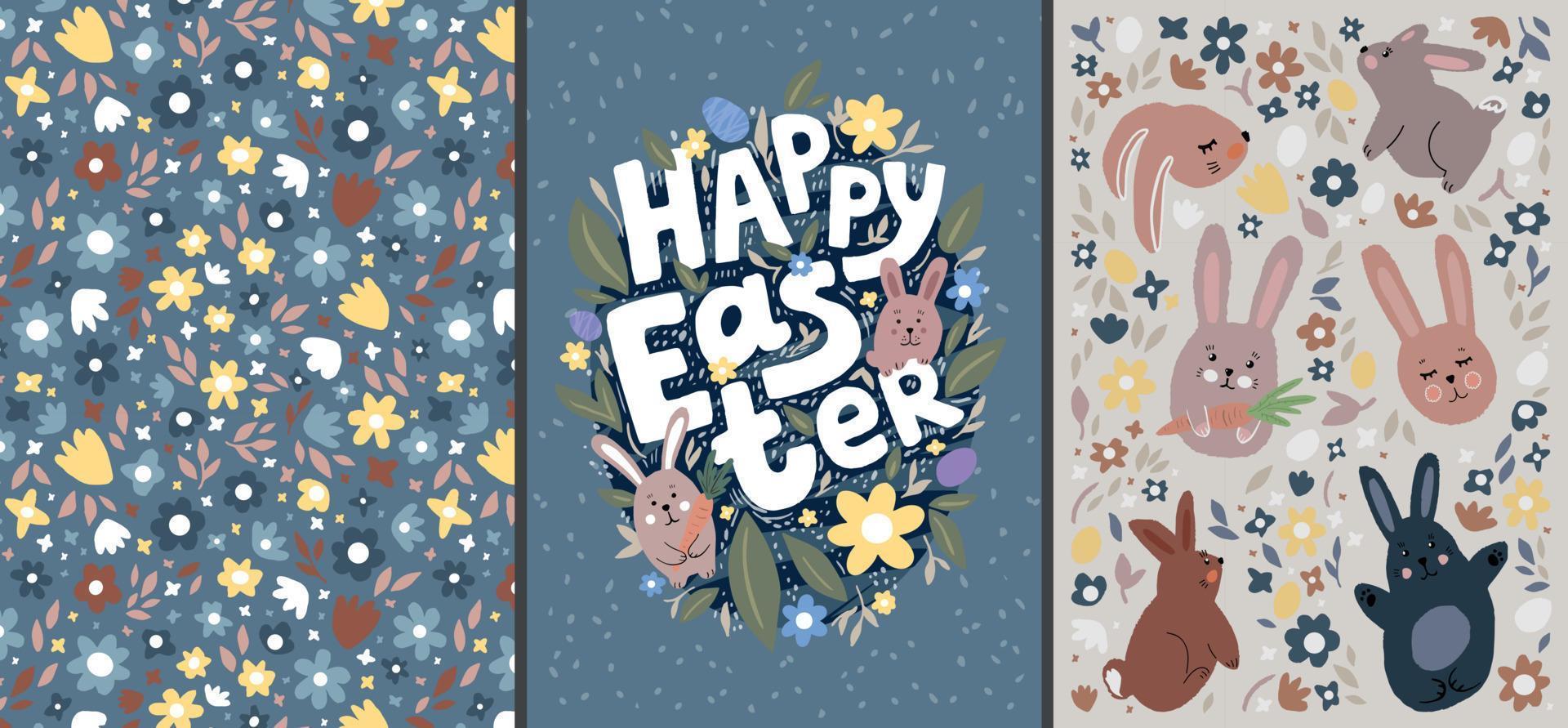 Set of Happy Easter postcards. Flat illustrations with easter bunnies, flowers and eggs. vector