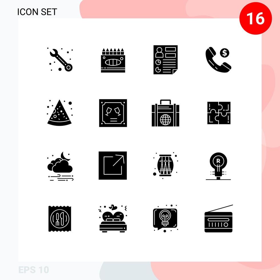 Universal Icon Symbols Group of 16 Modern Solid Glyphs of pizza fast food data shopping ecommerce Editable Vector Design Elements