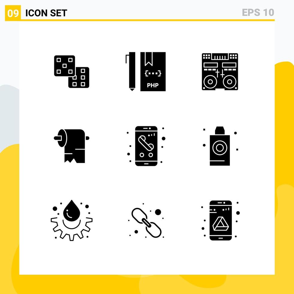 Group of 9 Modern Solid Glyphs Set for call tissue cd paper music Editable Vector Design Elements