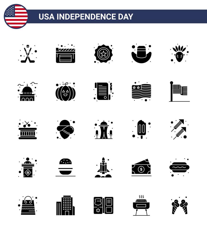 25 USA Solid Glyph Signs Independence Day Celebration Symbols of building native american security american cap Editable USA Day Vector Design Elements