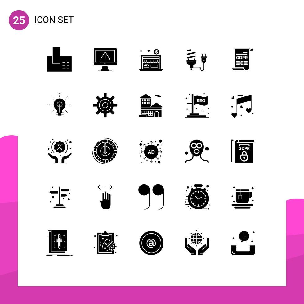 User Interface Pack of 25 Basic Solid Glyphs of plug energy security eletrical bulb Editable Vector Design Elements