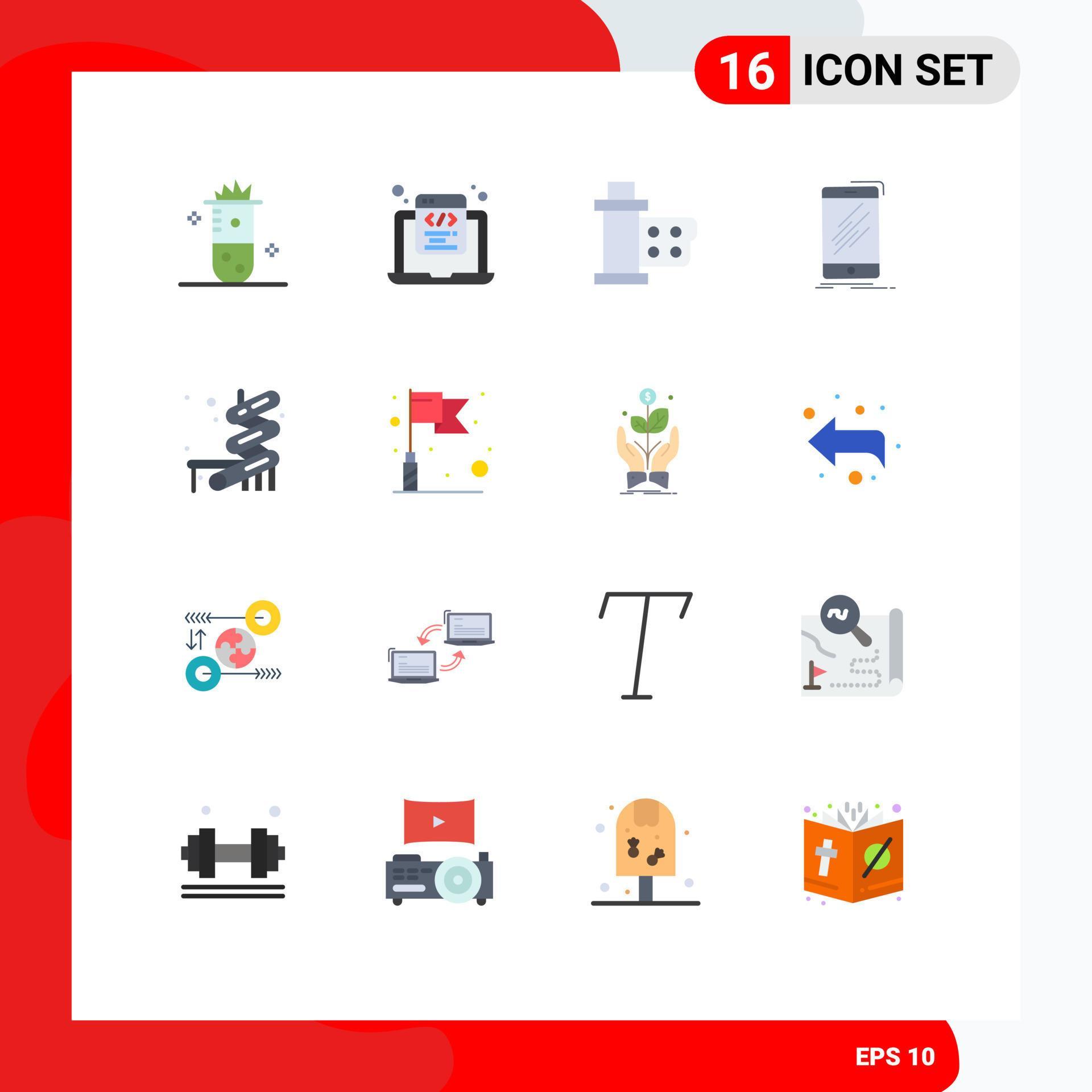 16 Universal Flat Color Signs Symbols of phone device programming reel ...