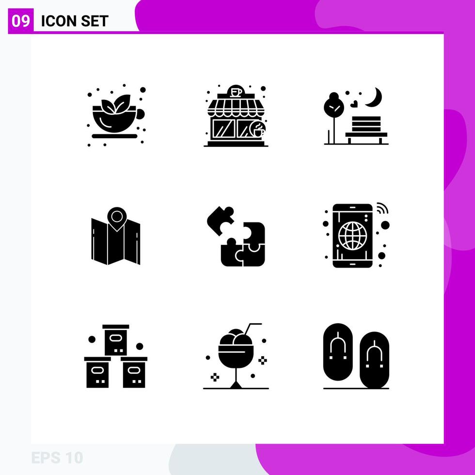 Pictogram Set of 9 Simple Solid Glyphs of jigsaw navigation moon location map Editable Vector Design Elements