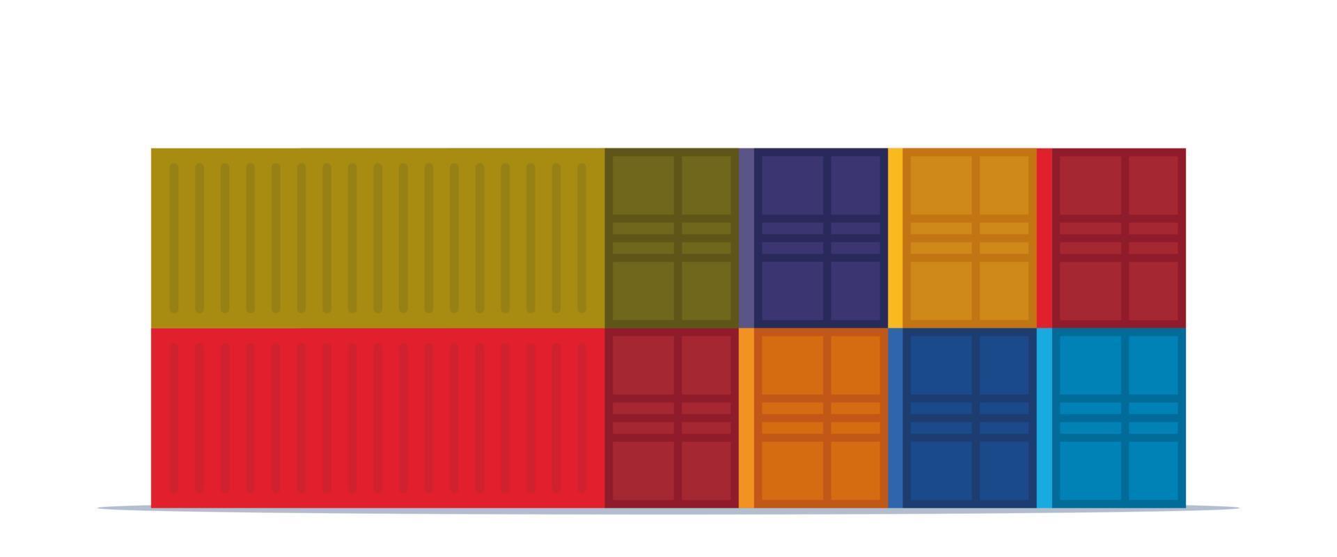 Stack of colorful cargo containers with perspective view. Different colors. Vector illustration.