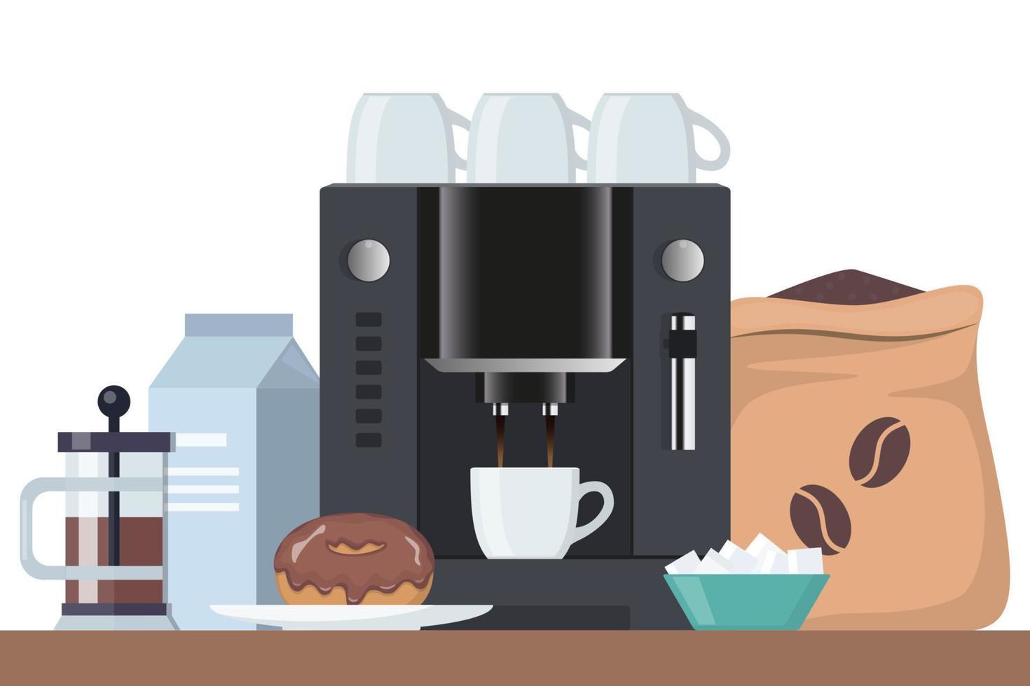 Coffee time concept illustration. Early breakfast with coffee and cake. Coffee machine, cup, cake, milk, sugar. Vector composition for banner and printed materials.