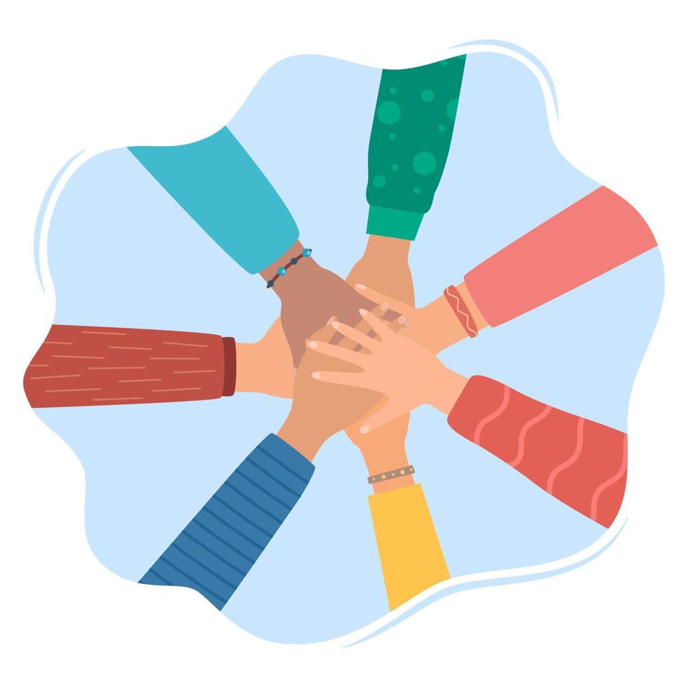 Multicultural people putting hands together. Teamwork, friendship, unity, help, equality, support, partnership, community, social movement, friendship concept. Strong together. Vector illustration.