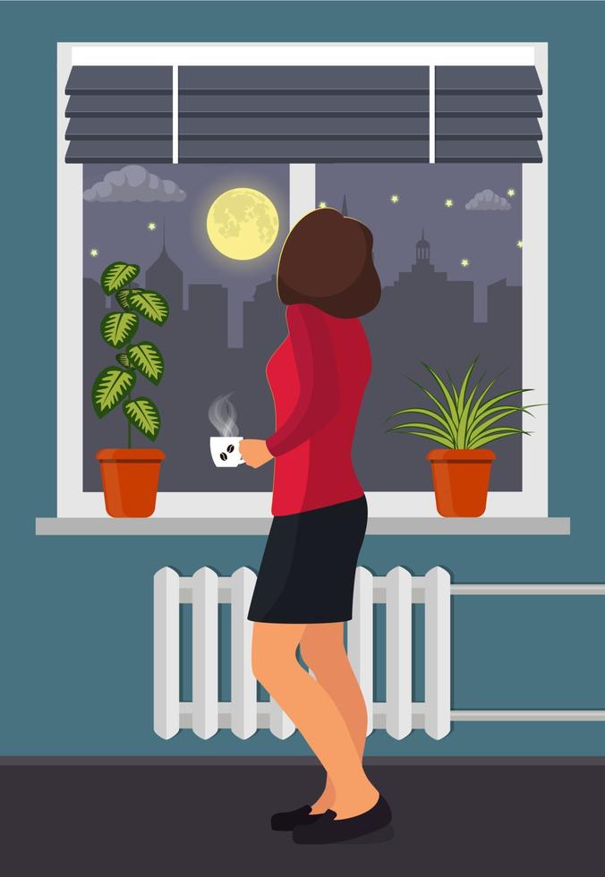 Woman with a cup of coffee stands by the window. Room plants in pots on the windowsill. Blinds on the window, moon and night urban landscape outside the window. Vector illustration in flat style.