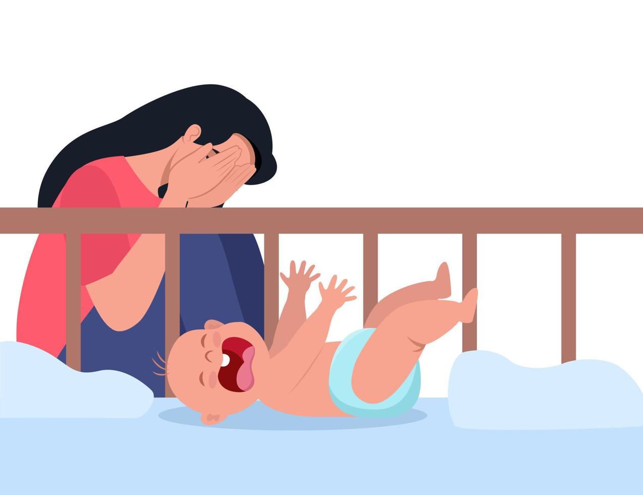 Woman in postpartum depression, exhausted and stressed. Unhappy mom next to the newborn's crib. A small child is crying hysterically and pulling up the handles. Vector illustration.