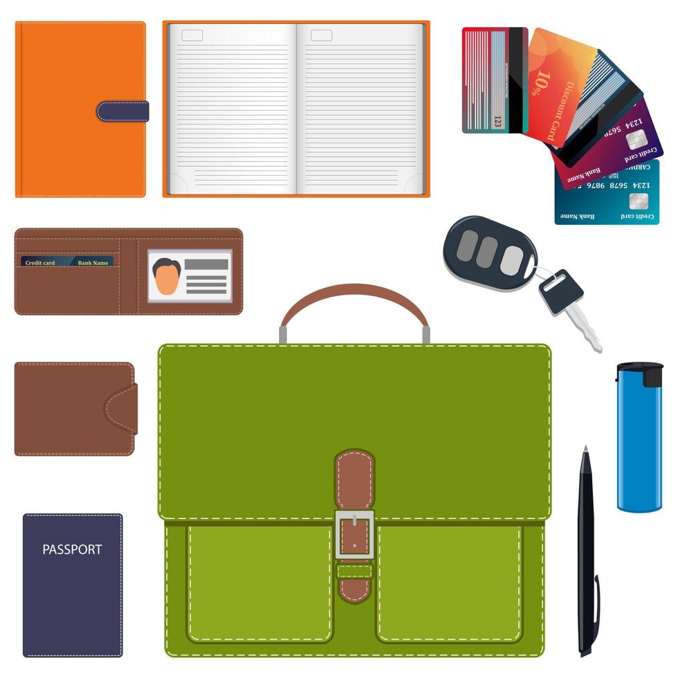 Men s briefcase and its contents. Men s bag and a common set of objects carry with them. Diary, wallet, bank cards, car keys, passport, lighter, pen. Vector illustration.