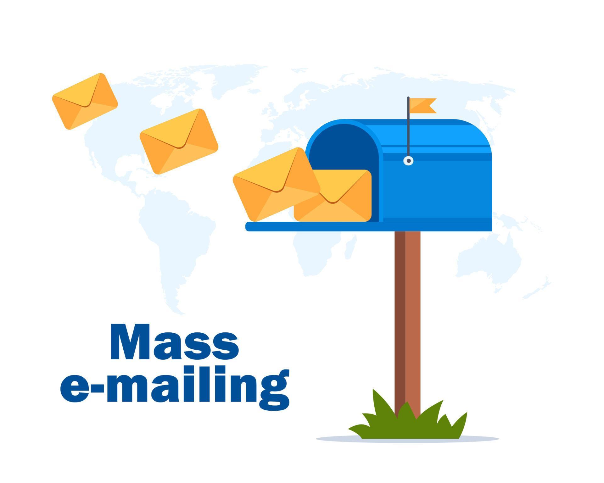 Mass emailing concept illustration with envelopes flying to blue post box on world map