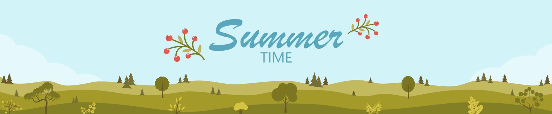 Summer time horizontal banner. Beautiful fields landscape with a green hills, trees, bushes. Rural landscape. Countryside background Web banner template. Vector illustration.