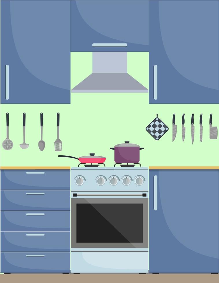 interior de cocina con estilo moderno. Utensilios y electrodomésticos de cocina, muebles, cocina a gas. sartén y sartén en la estufa. ilustración vectorial en estilo plano. vector